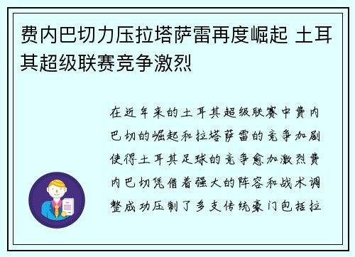 费内巴切力压拉塔萨雷再度崛起 土耳其超级联赛竞争激烈