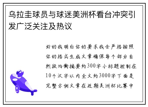乌拉圭球员与球迷美洲杯看台冲突引发广泛关注及热议