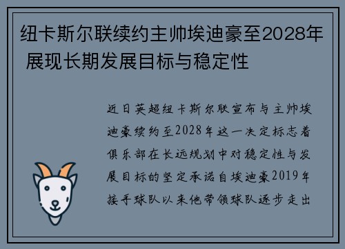 纽卡斯尔联续约主帅埃迪豪至2028年 展现长期发展目标与稳定性